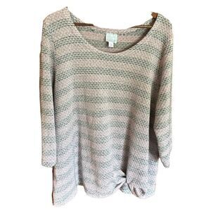 Sunday pink and green striped‎ tunic sweater with twist detail at left front hem